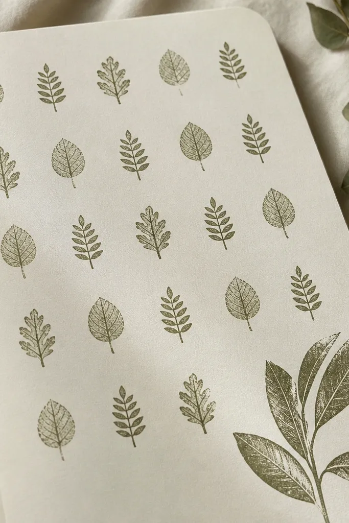 A monochrome diary page in cream and olive with repeating stamps of three different leaf shapes in a grid pattern, and a single larger leaf in the corner.