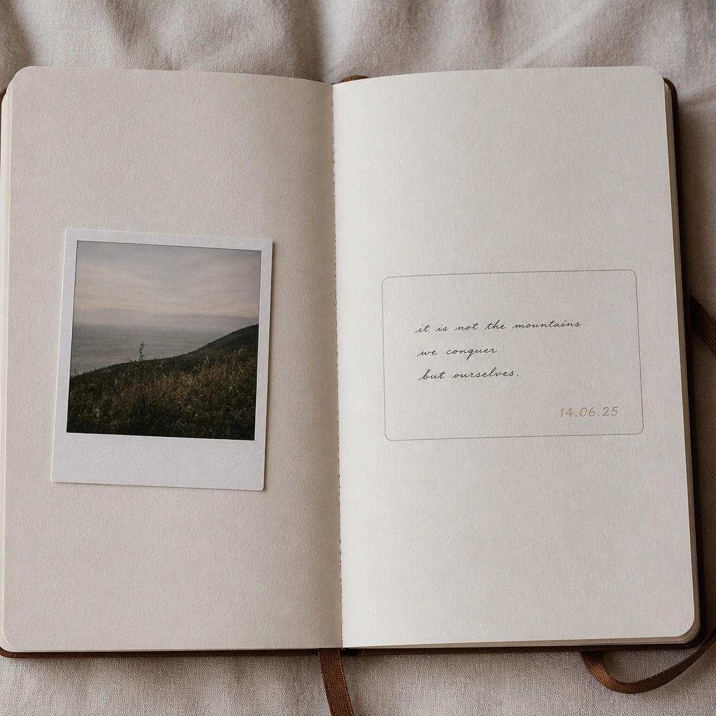 A diary spread with a small polaroid-style photo on the left. To the right, the caption area has a handwritten quote in very small italic script, plus a date in a lighter color. The quote sits inside a thin rounded rectangle outline.