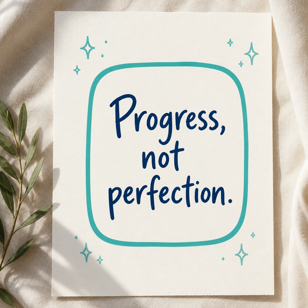 A page featuring a bold quote inside a rounded rectangle. The rectangle has a thick bubble outline in teal, with the quote written in neat hand lettering in dark navy. Small sparkles are scattered around the corners.