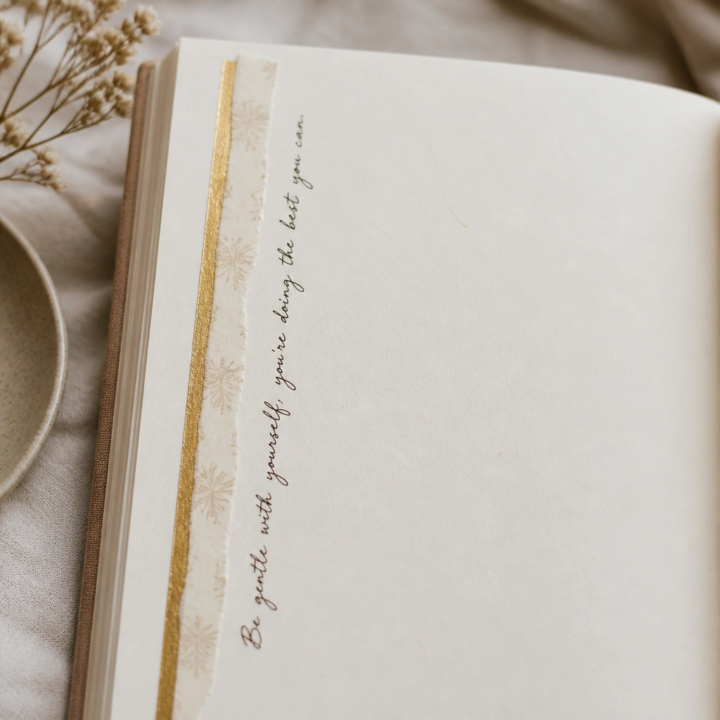 A diary page with a vertical washi tape column on the left margin. The tape is layered - pale cream tape on top and thin gold tape beneath. A small handwritten quote runs parallel to the tape in dark brown ink.