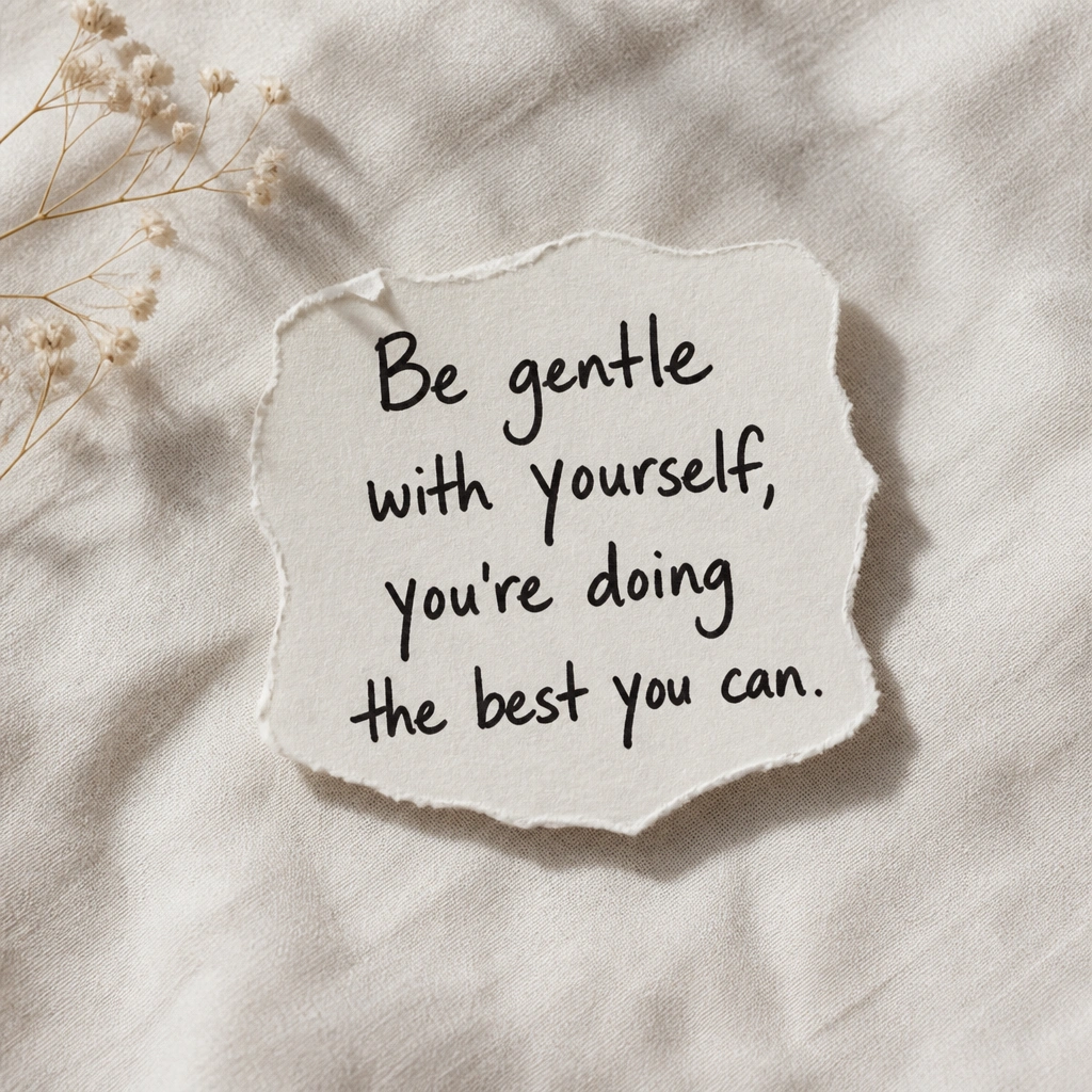 A quote placed near the center that looks like cut paper. The letters are handwritten in black marker, and behind them there’s a soft gray offset shadow. Tiny ripped-paper texture marks the outline edges.