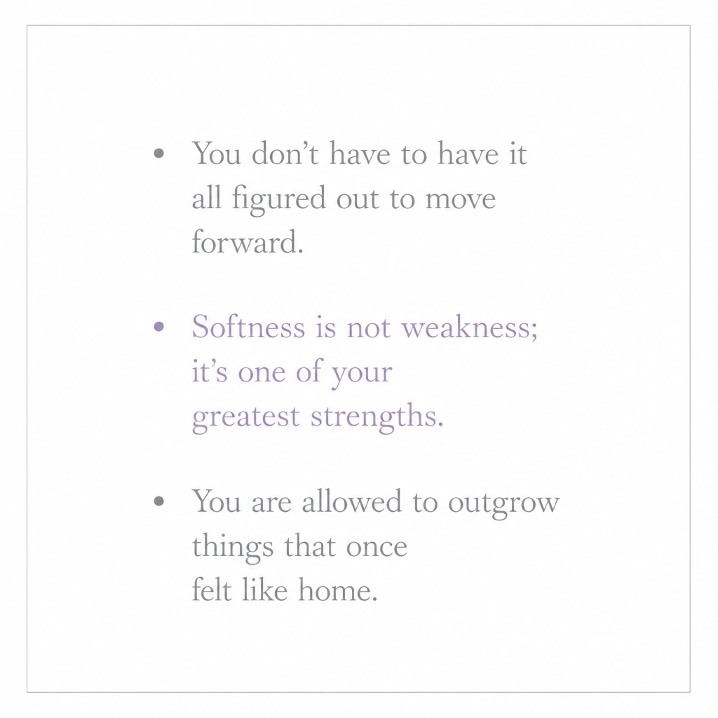 A clean white page with three short quote lines, each preceded by a small dotted bullet. The font is consistent and thin, mostly in gray with one line in soft lavender. No other decorations except a faint border.