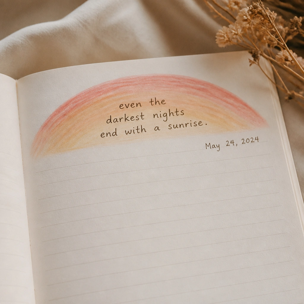 A diary page with a date at the top right. Above it, a hand-drawn arc of sunset colors (coral, peach, and soft orange) curves like a horizon. A handwritten quote sits inside the arc in dark brown.