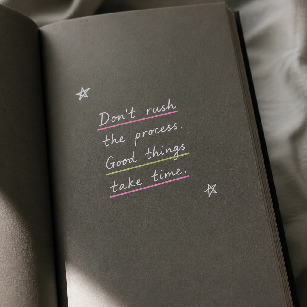 A dark-toned diary page (light gray or toned paper) with a white gel pen quote. The quote is underlined with neon highlighter stripes in pink and lime, plus two tiny star doodles.