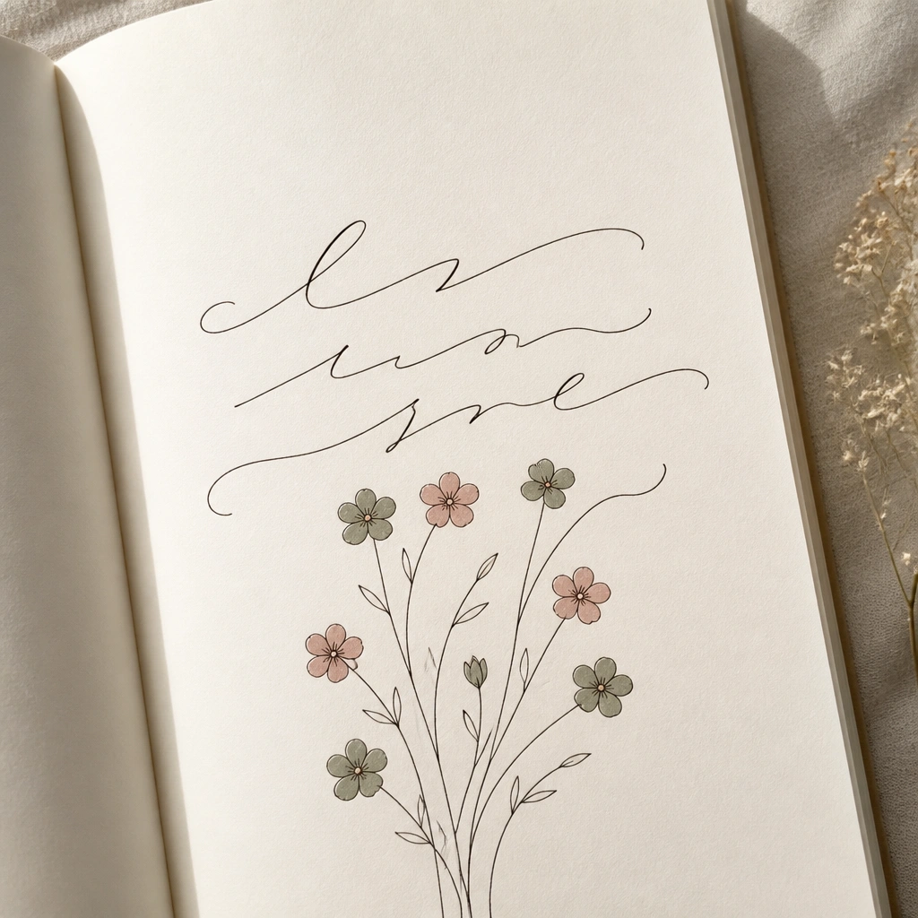 A page with a flowing cursive quote in the center. Under a few words, small hand-drawn flower stems rise like a gentle bouquet. The flowers are simple - five petals each - in muted sage green and dusty pink.