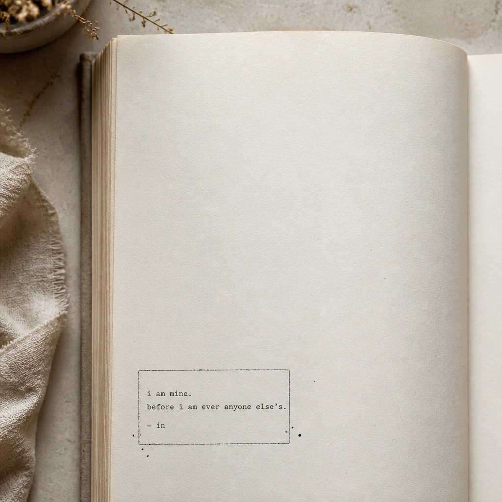 A page with a quote in the bottom-left corner inside a faint stamped rectangle. The stamp looks like a vintage text mark, with slightly uneven edges. A few small dots around it resemble typewriter punctuation.