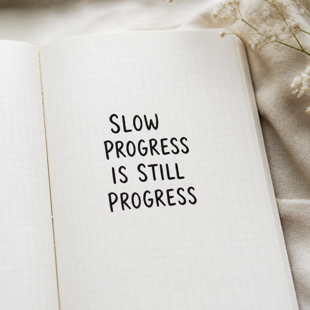 A diary page with a light gray grid drawn in the background. In the center, a quote is written in a bold modern hand font. Thin lines fade slightly near the edges, creating a subtle vignette.