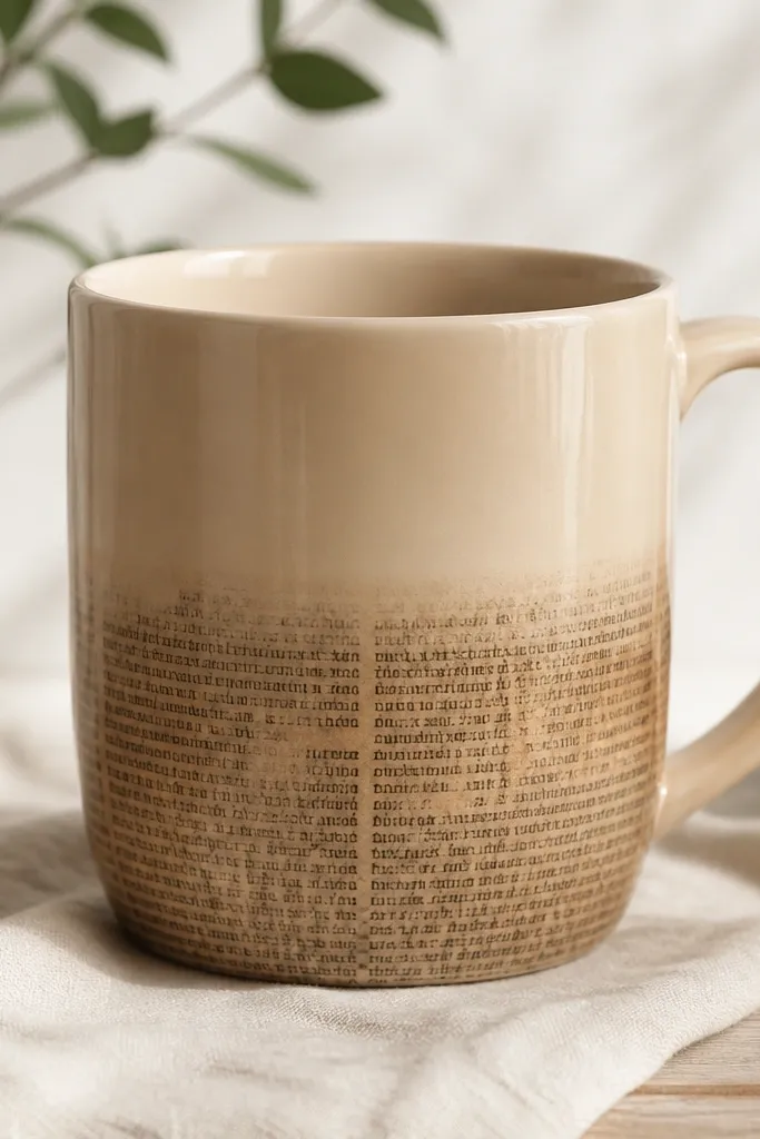 A beige mug with a soft ombré dip where old book pages wrap the bottom half; small black letters look crisp, with a smooth glossy top transition.