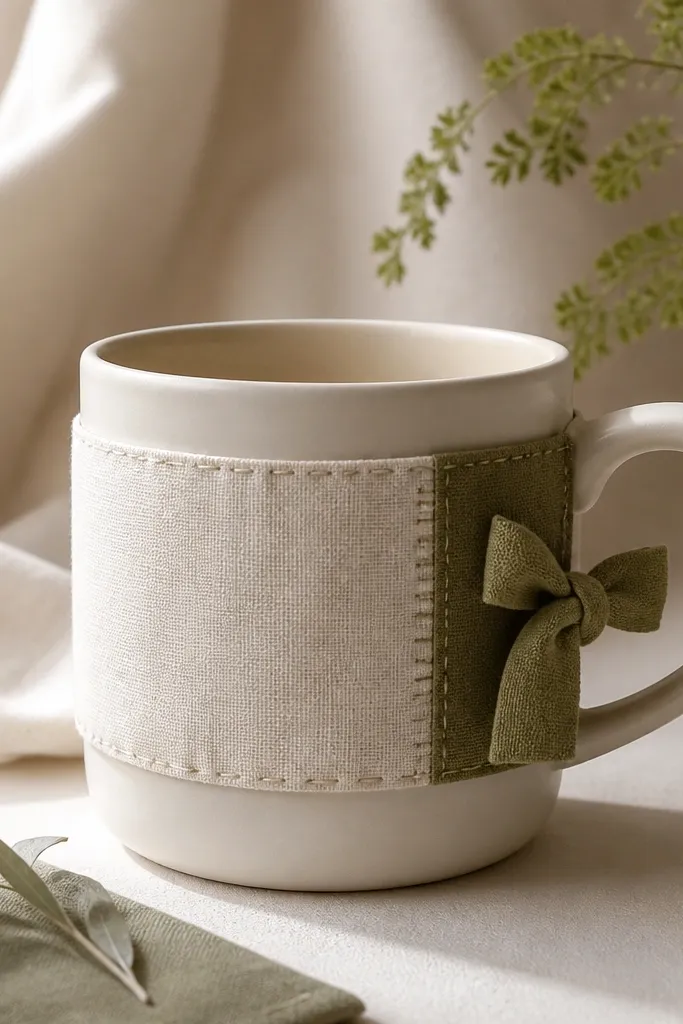 A mug wrapped in a soft linen-like fabric band with a small stitched seam and a tiny fabric bow on the side; the fabric matches cream and muted olive tones.