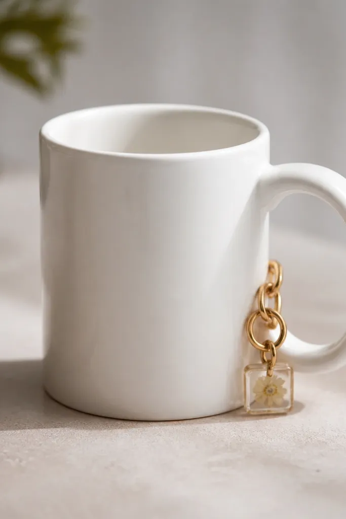 A plain white mug with a small cluster of gold-toned chain links and a tiny resin charm near the handle; the charm cluster looks intentionally placed like jewelry.