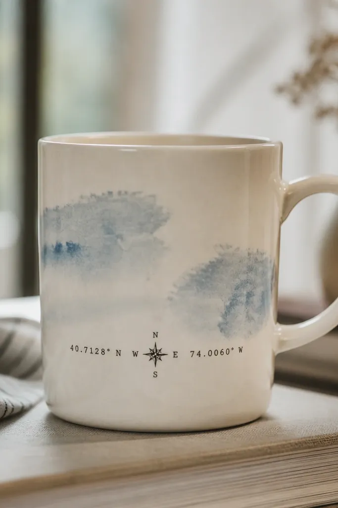 A cream mug with a faint watercolor wash in dusty blue; black printed coordinates and tiny compass marks sit near the bottom third.