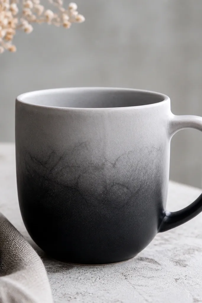 A mug with an ombre gradient from deep charcoal at the bottom fading to soft gray near the top; faint ink-like fibers show in the transition.