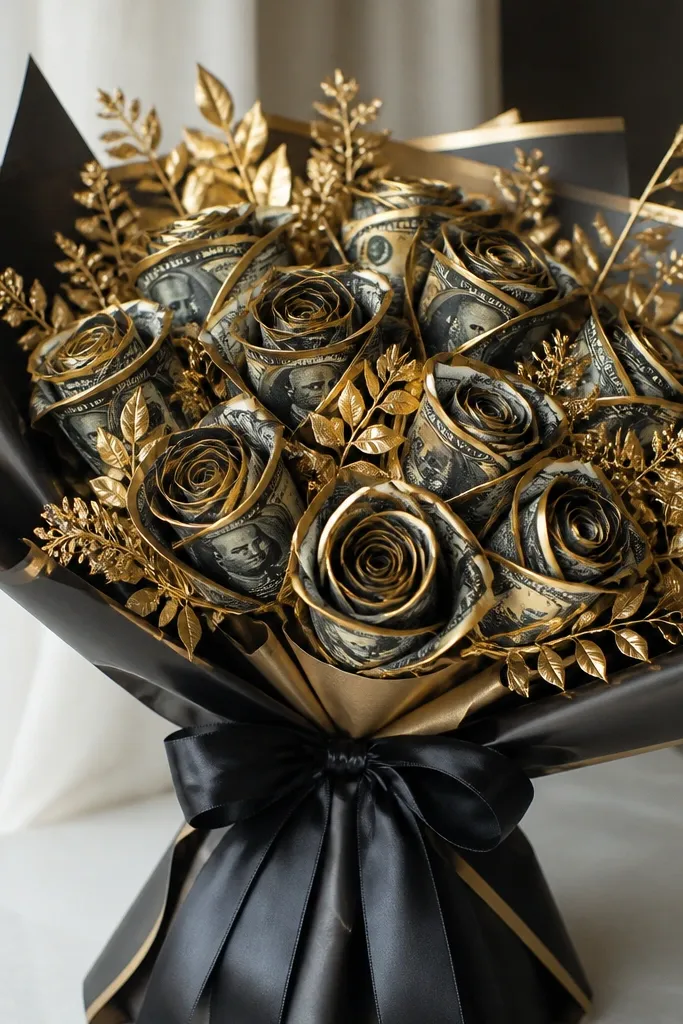 A dramatic bouquet where dark bills are wrapped into tall, gold-accented rosette shapes, tied with black satin ribbon and surrounded by metallic gold faux greenery.