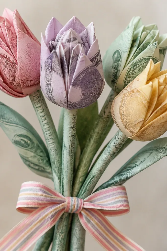 Colorful tulip stems made from folded paper bills in soft pink, lavender, mint, and yellow, each tulip with layered petal folds, tied with a striped ribbon.