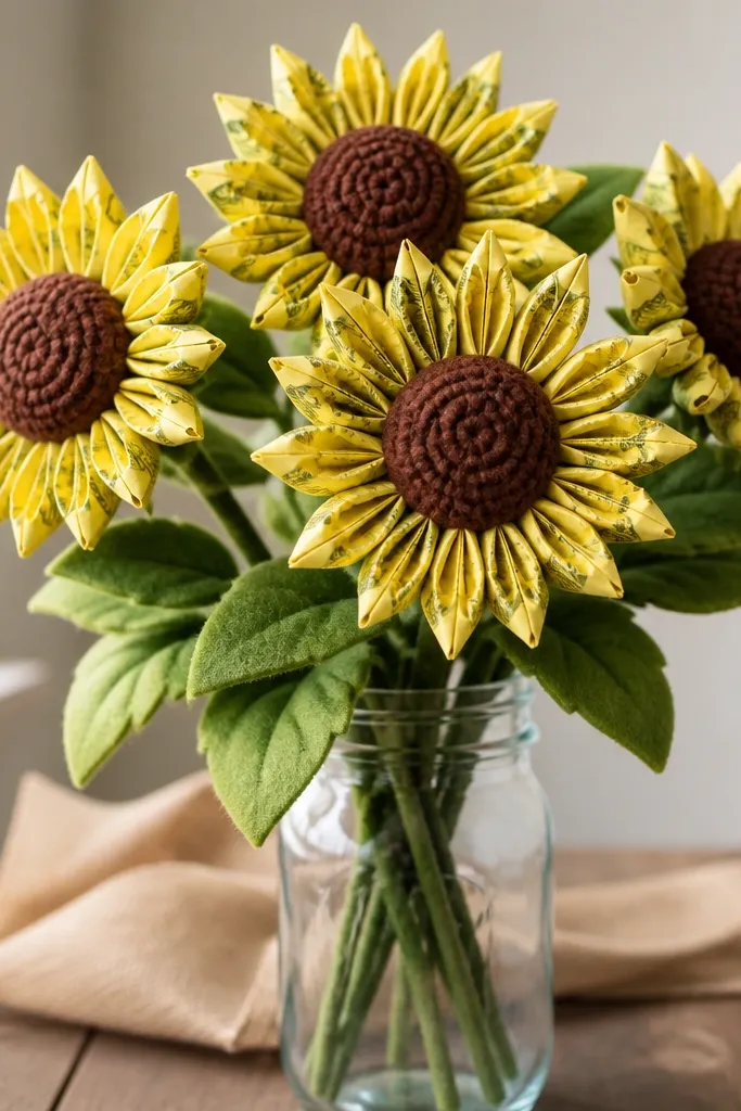 Bright sunflower-style blooms with yellow folded bill petals, a textured brown center circle, and green stems with layered felt leaves, arranged in a mason jar.