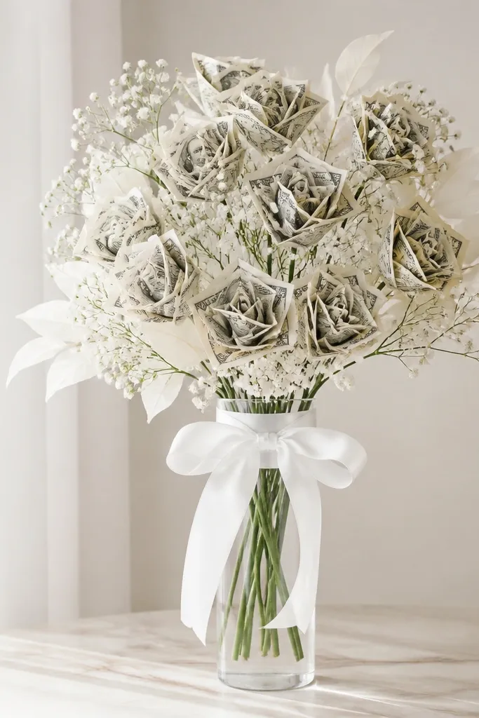 A minimalist bouquet of white-toned money flowers with simple clear stems, tied with white satin ribbon, set in a tall glass vase.