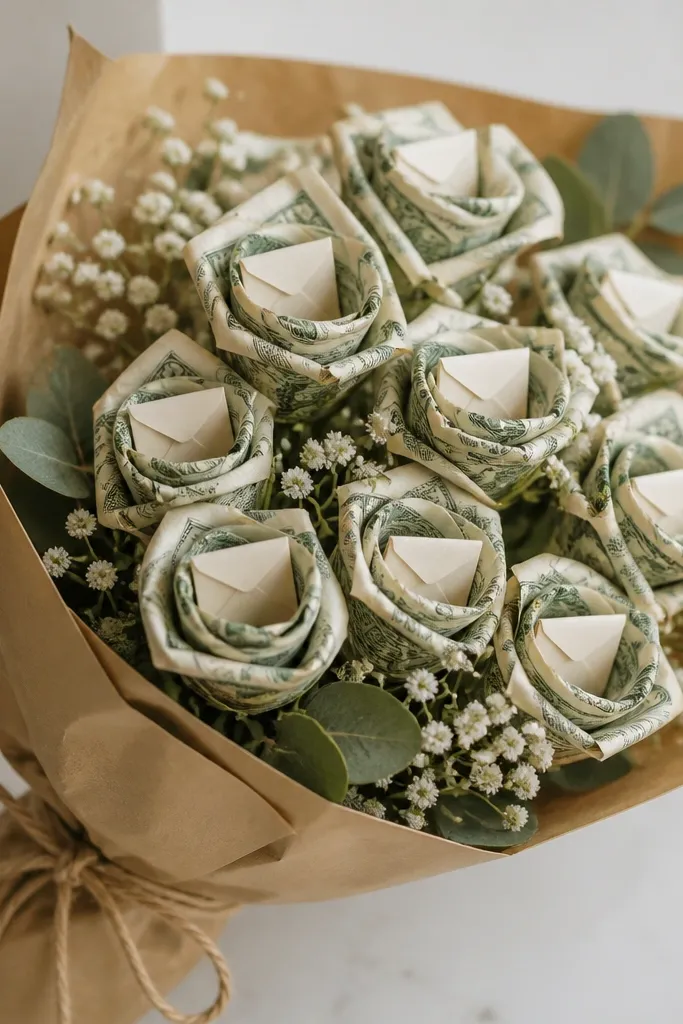 Roses made from rolled bills tied into blooms, each bloom has a tiny mini-envelope tucked in the center, and the bouquet is wrapped in kraft paper with twine.