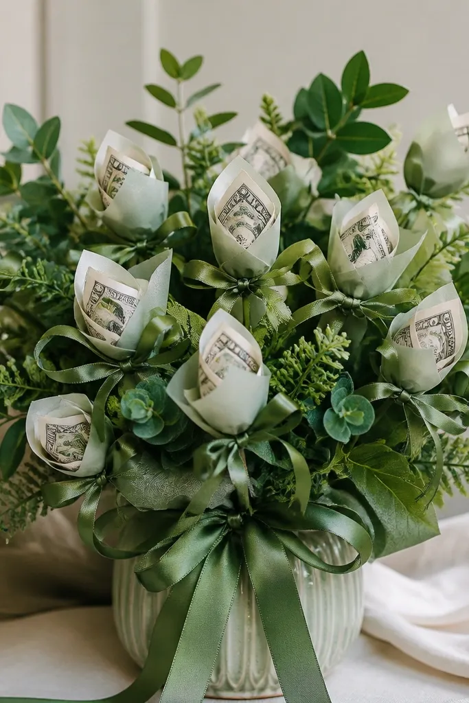 A garden-inspired bouquet with sage-green ribbon stems, emerald faux leaves, and money “buds” wrapped in soft green paper, arranged in a ceramic planter.