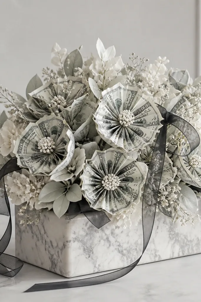 A bouquet of money flowers in soft gray and white tones, arranged in a faux marble tray-vase, with thin black ribbon accents.