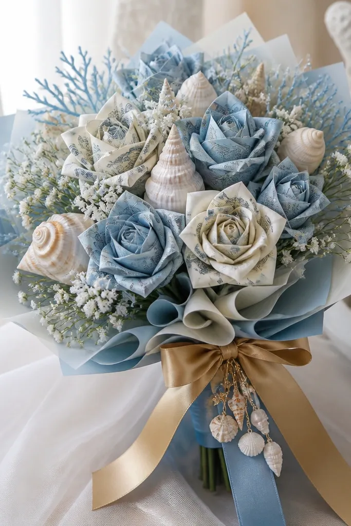 A sea-themed bouquet with light blue and white money flowers, gold ribbon bows, and small seashell charms attached near the stems.