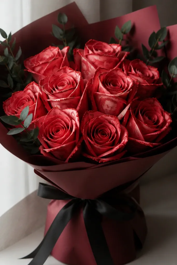 A bouquet of red money roses with slightly glittered petal edges, wrapped in deep red paper and tied with black ribbon, with small dark green leaves.
