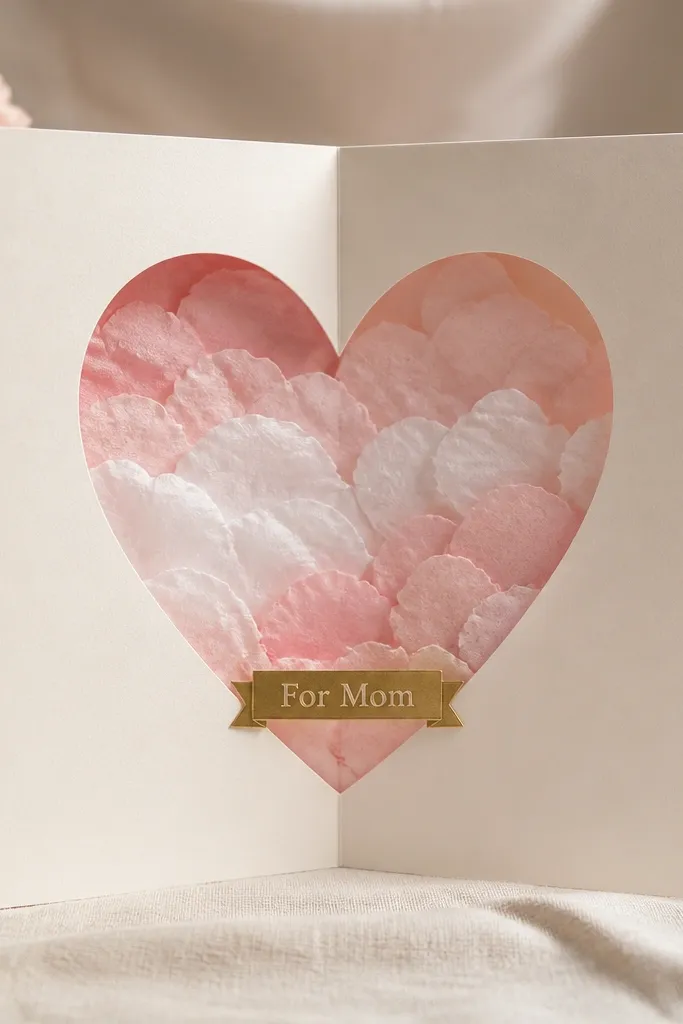 A card that opens to reveal a heart-shaped window. Behind the heart is layered tissue paper in pale pink and white, shaped like fluffy clouds, with a small gold “For Mom” banner sticker at the bottom.