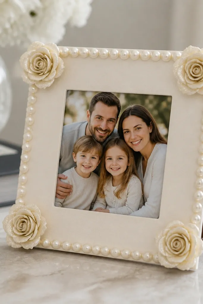 A small tabletop photo frame decorated with faux pearl trim around the border. The corners have tiny paper rosettes painted cream and dusted with a light shimmer, and a centered cutout window shows a family photo.