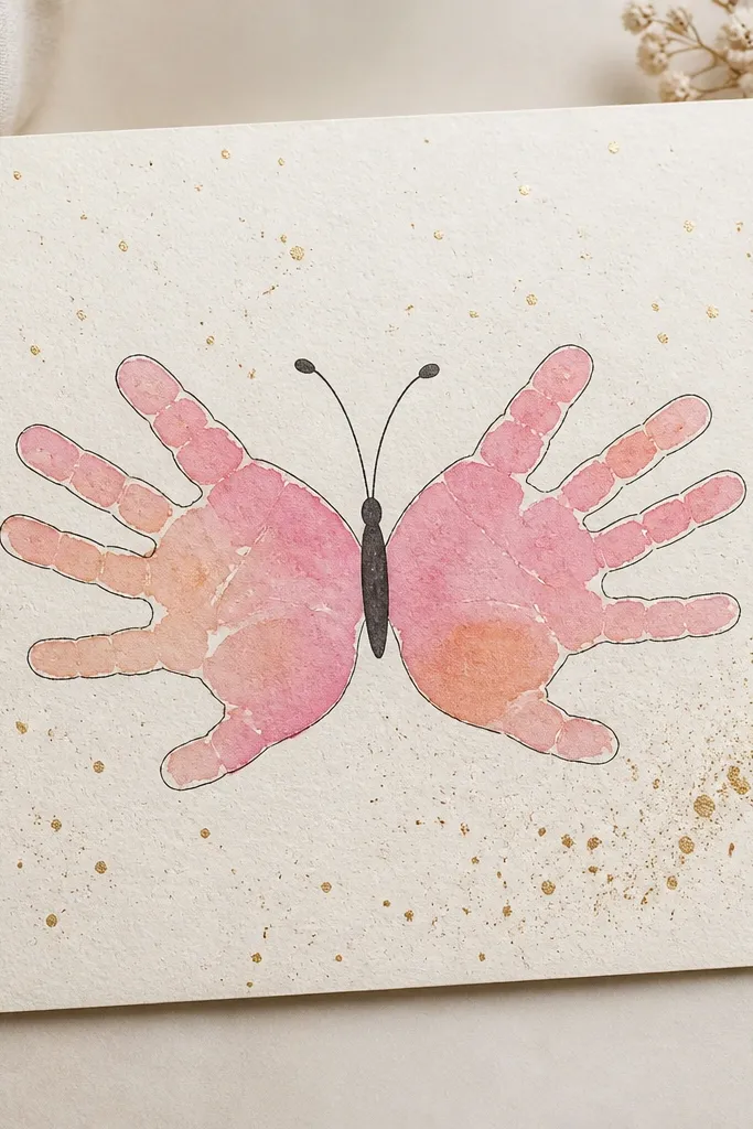 A square piece of textured cream cardstock with a butterfly made from two handprints. The handprints are painted in soft pink and peach gradients, outlined with a thin dark line, and finished with a subtle gold splatter background.