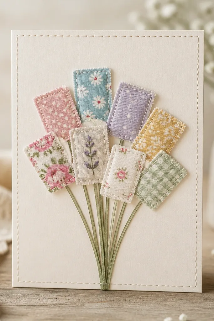 A greeting card featuring a bouquet made from small fabric rectangles. Each “flower” has a different pastel fabric pattern. Thin ribbon pieces rise from the bottom like stems, and a stitched-look border wraps the card edges.