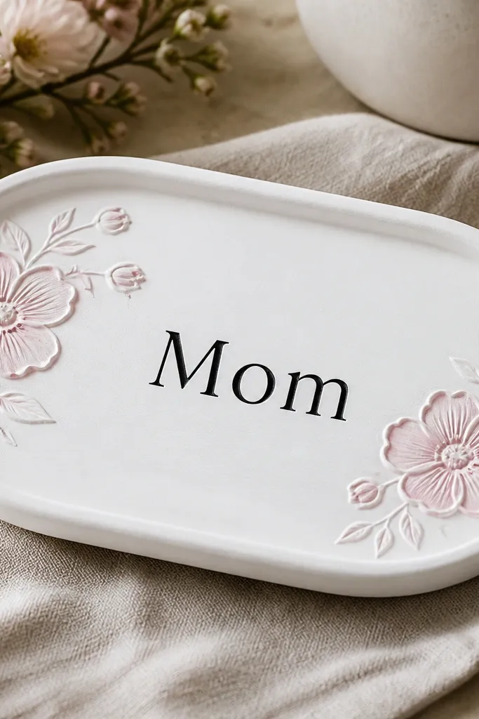 A shallow oval tray painted matte white with raised floral marks pressed into air-dry clay at the corners. The word “Mom” is centered in clean black lettering, and the flowers are highlighted with a soft dusty pink wash.