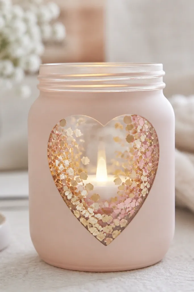 A glass jar painted with a heart-shaped negative space. Inside the heart are tiny confetti pieces in gold and blush, and the outside has a smooth satin finish. An LED tea light sits inside the jar.