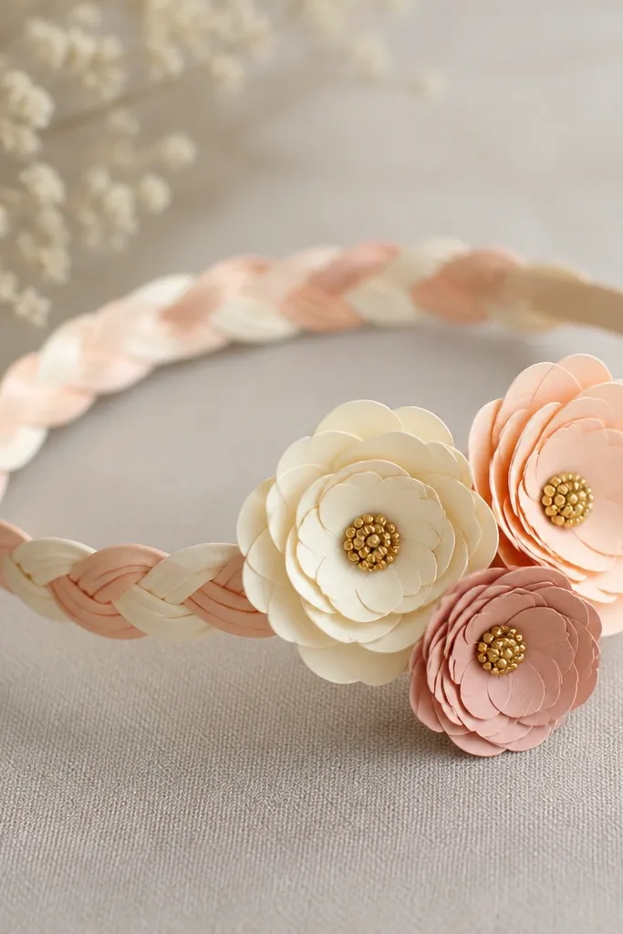 A headband made from a braided strip of pastel paper with three large paper flowers clustered on one side. The flowers have layered petals in cream, blush, and light peach, with a gold dot center.