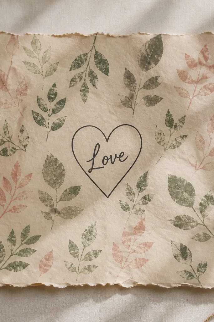 A sheet of wrapping paper covered in repeating leaf stamps in muted greens and blush. In the center is a hand-drawn heart with the word “Love” written in dark ink, and the edges are neatly torn for a rustic-but-clean look.