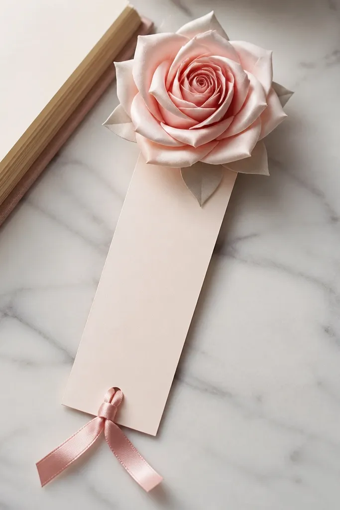 A long bookmark with a rose made from folded paper petals layered like a real bloom. The rose is blush pink with cream highlights, and the bottom has a thin satin ribbon tied as a tail.