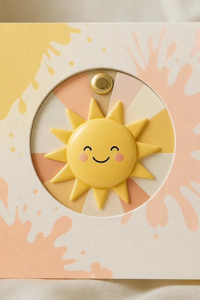 A card front with a circular spinner mechanism behind a smiling sun icon. The background uses pastel paint splats in pale yellow and peach, and the spinner has a smooth glossy finish with a small gold circle accent.