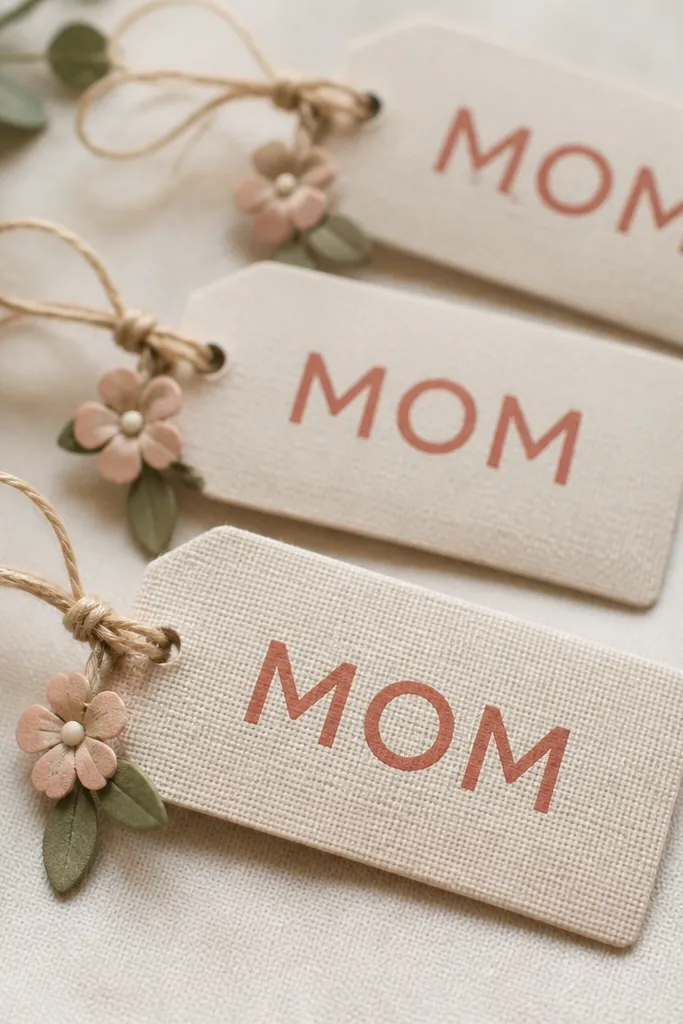 A set of small rectangular tags with a linen-like texture. The word “MOM” appears in neat uppercase lettering that looks like vinyl. The tags are tied with thin twine and a tiny paper flower charm dangles from one corner.