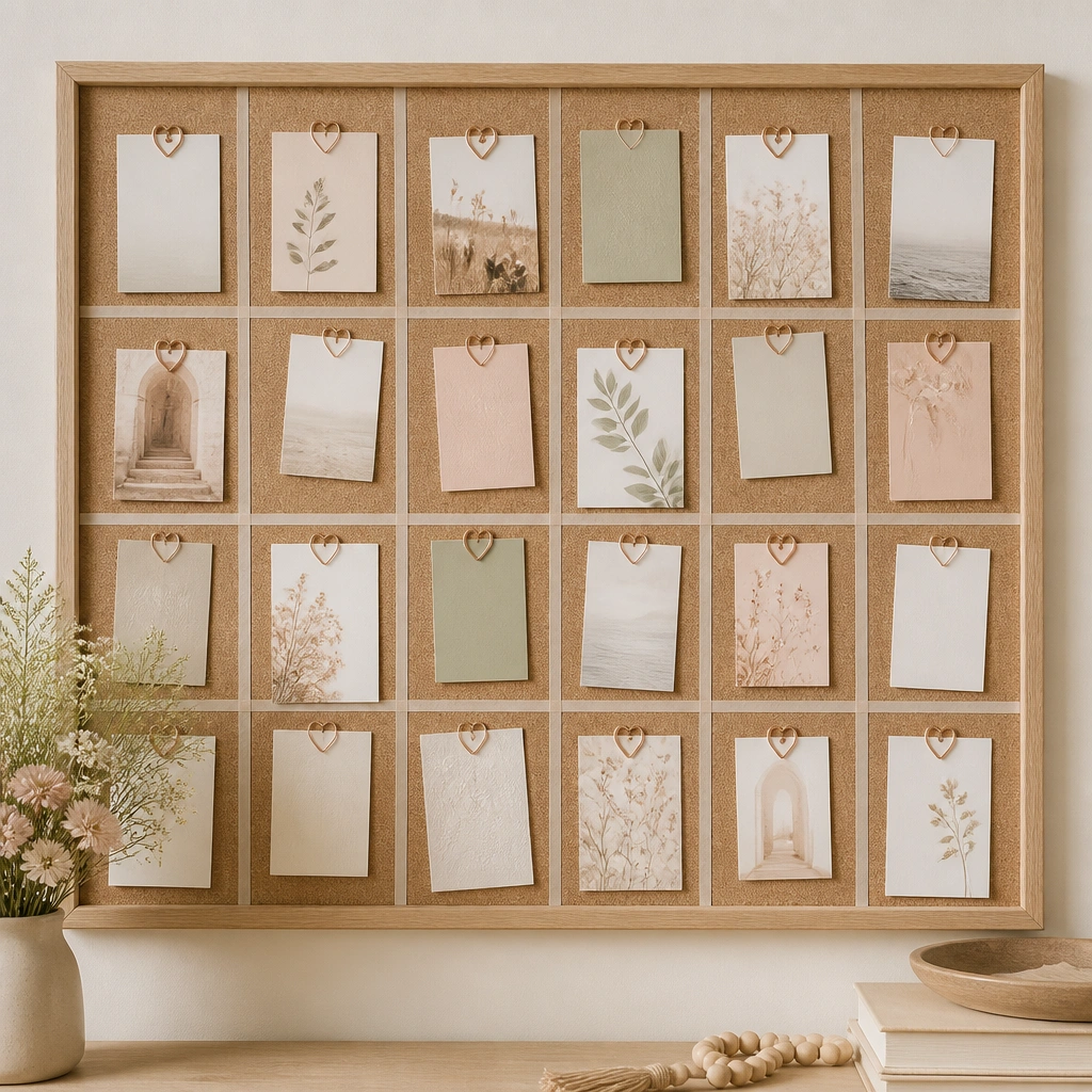 A rectangular cork board outlined with thin washi tape strips forming a clean grid. Dozens of small heart-shaped paper clips hold prayer cards in muted blush, sage, and sand colors.