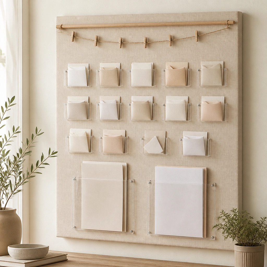 An off-white stretched canvas mounted like a bulletin board. Multiple clear magnetic pockets hold small folded prayer notes, and there are two larger pockets for printed checklists. A simple wooden dowel at the top holds a string with mini clothespins.