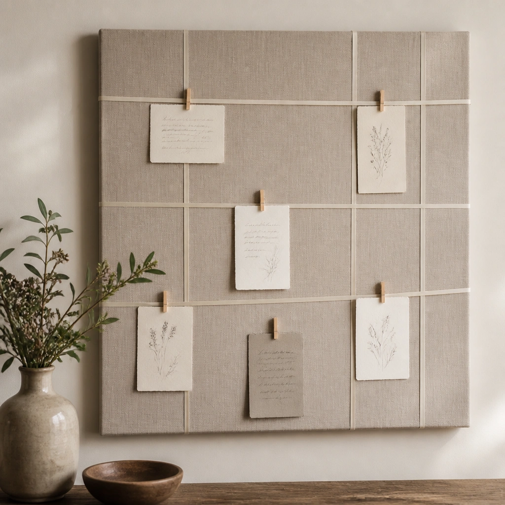 A linen fabric panel stretched over a frame and pinned to the wall. Thin ribbons run horizontally and vertically, creating gentle lines. Several small handwritten verse cards hang from the ribbons with mini wooden pegs.