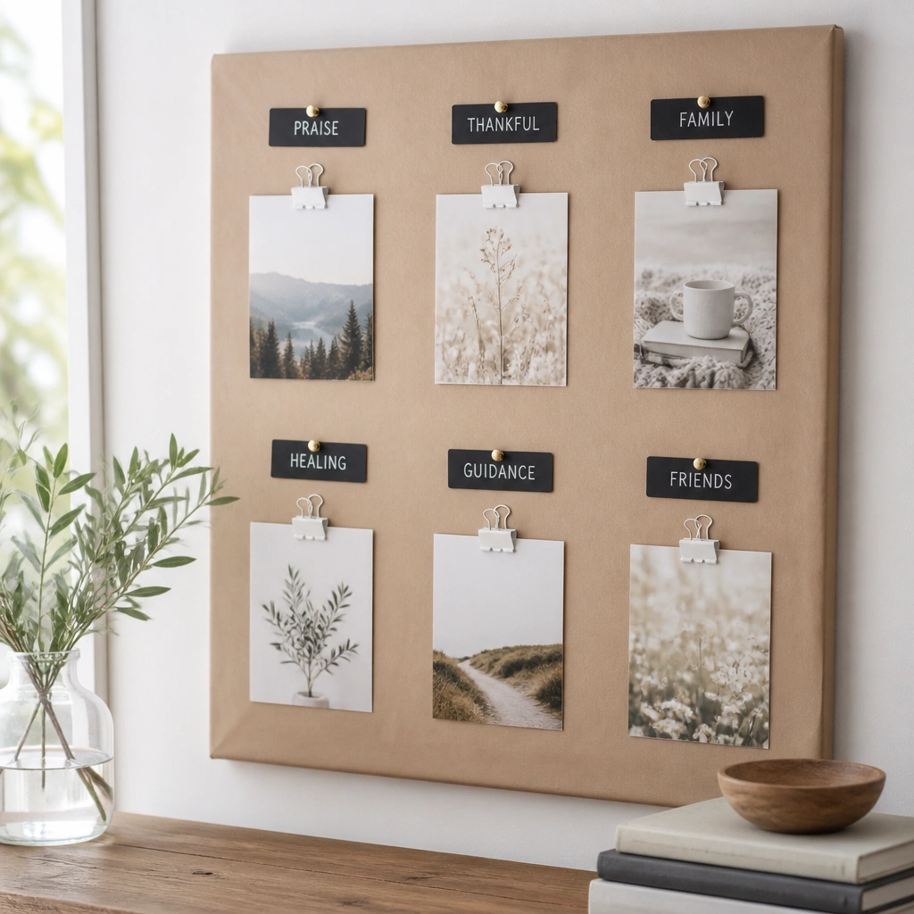A matte white foam board covered with neutral kraft paper. Chalkboard-style labels are written in neat block letters on small black cardstock tabs, each pinned with a gold pushpin. Prayer cards are held by binder clips painted white.