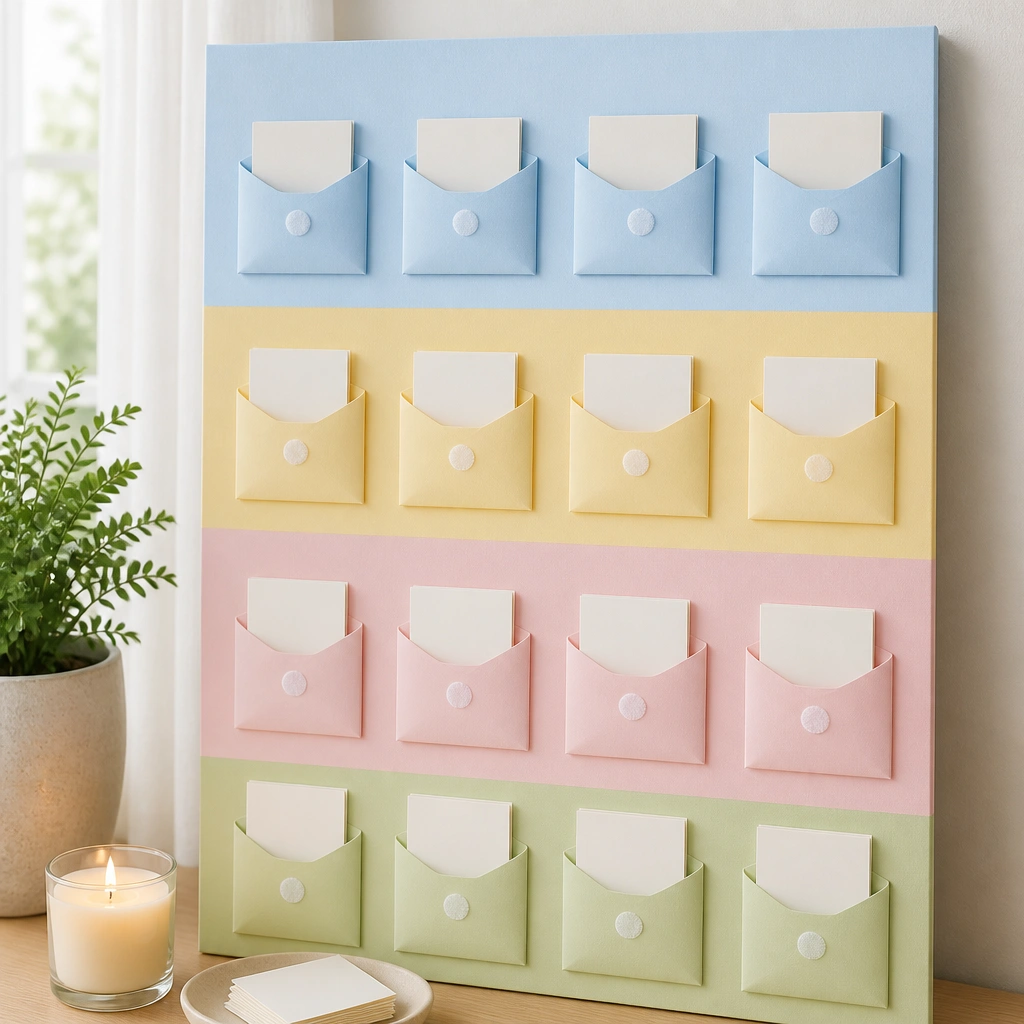 A large board with soft pastel stripes behind prayer cards. Each color holds a different category: light blue for Family, yellow for Friends, pink for Healing, and green for Gratitude. Small envelopes are attached with velcro dots.