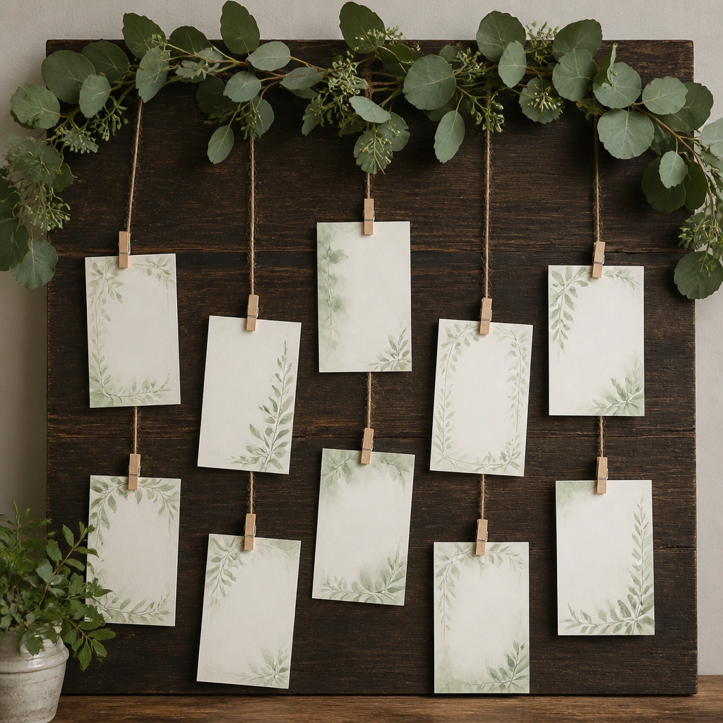A dark-stained wooden board with faux eucalyptus garland draped across the top. Several twine strings hang down with small clothespins holding prayer cards. The cards are in cream paper with subtle green watercolor borders.