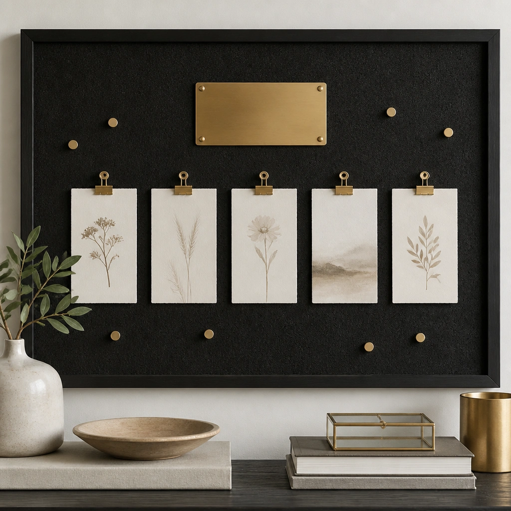 A black cork board with cream prayer cards and small gold dot stickers. Tiny binder clips hold cards in a neat row. A single gold quote plaque sits at the center top.
