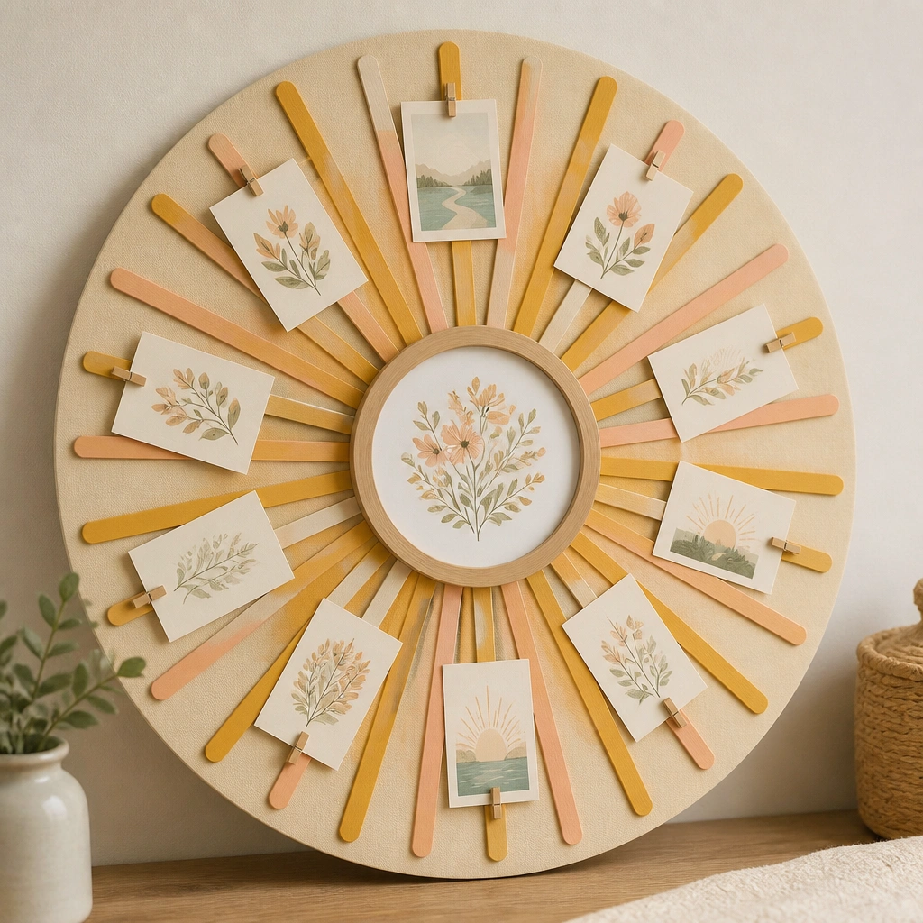 A circular sunburst design on a beige foam board. Painted popsicle sticks form radiating rays in soft peach, mustard, and cream. In the center, a small framed Bible verse is surrounded by prayer card “rays” clipped with mini clips.