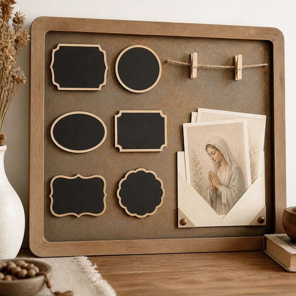 A small cork or metal board with several magnetic mini chalkboards as labels. A photo-corner style layout holds prayer cards in the bottom right, with a tiny clothespin line above. The overall palette is warm wood tones and cream paper.