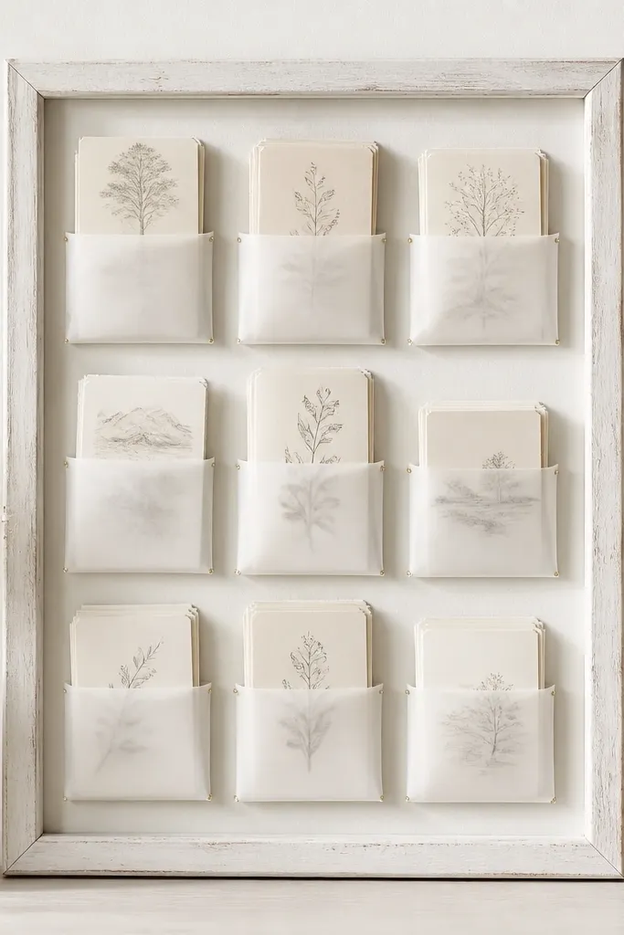 A whitewashed wood frame holding three vertical columns of vellum pockets. Each pocket contains prayer cards with toned-down black text. The board looks like a minimal gallery display, with soft shadows behind the vellum.