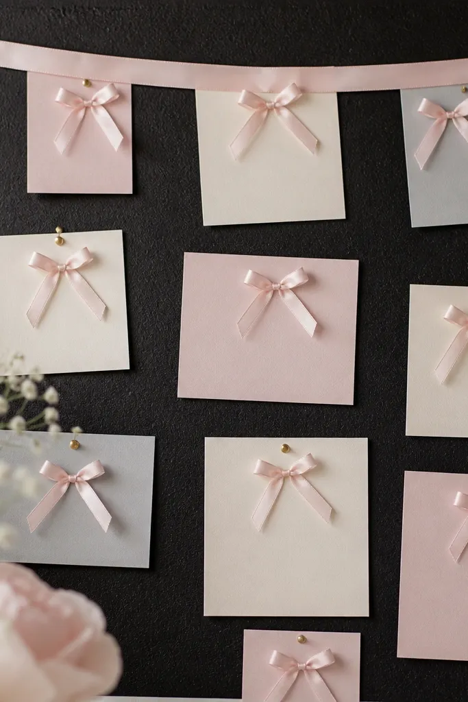 A black cork board with blush pink satin ribbon tied into small bows over pinned prayer cards. Cards are in blush, cream, and soft gray. A few cards sit under a single ribbon “banner” across the top.