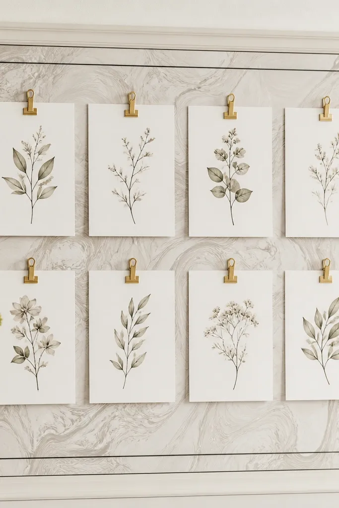 A cream board topped with a marbled paper layer in soft taupe and off-white. A thin black border line frames sections. Prayer cards are arranged in tidy rows with small gold clips.