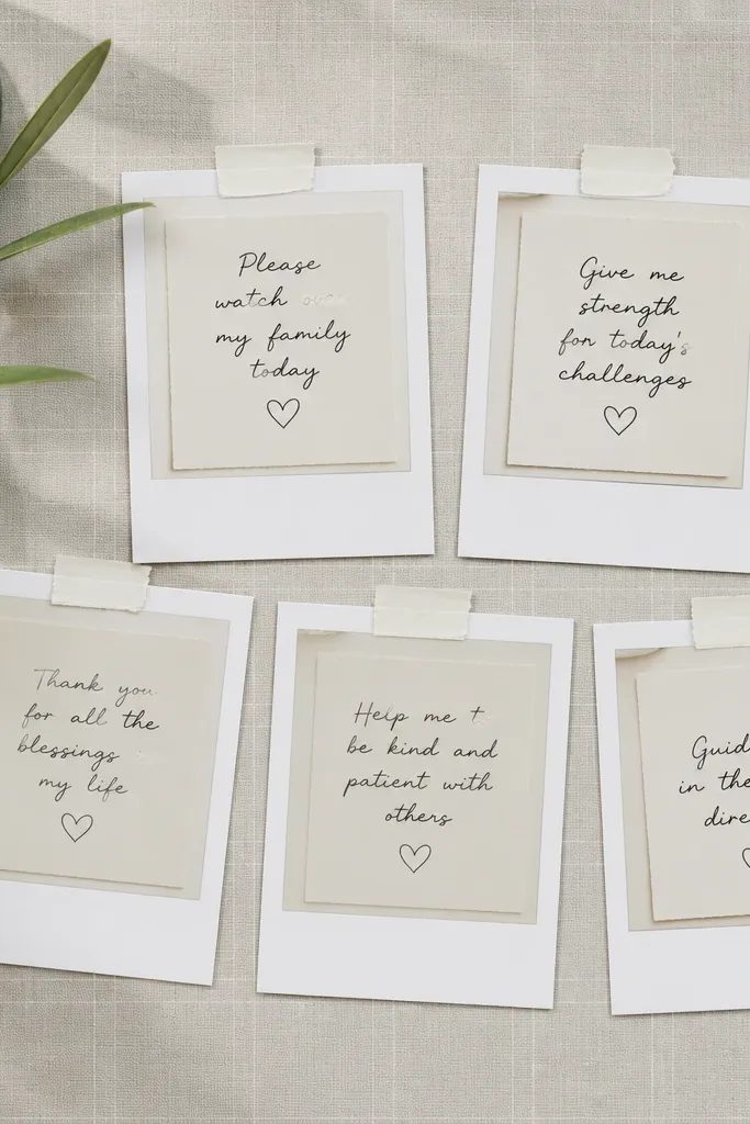 A light beige board with a subtle grid. Several Polaroid-style frames are taped down with clean off-white tape. Inside each frame is a prayer card with handwritten script and a small doodle heart.