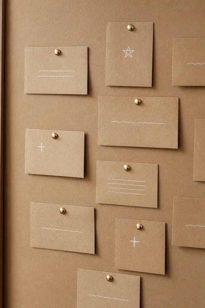 A kraft paper-covered board with white gel pen labels on small rectangles. The cards are pinned with tiny gold tacks, and a few cards have hand-drawn icons like crosses and stars.